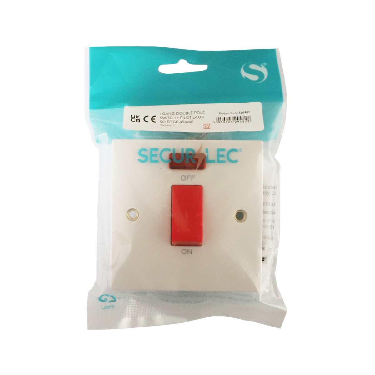 Securlec 1 gang 45A double pole switch with pilot lamp
