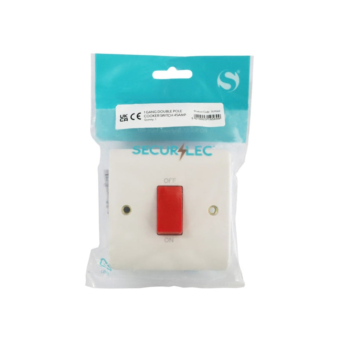 Securlec 45A 1 gang double pole cooker switch, view 2