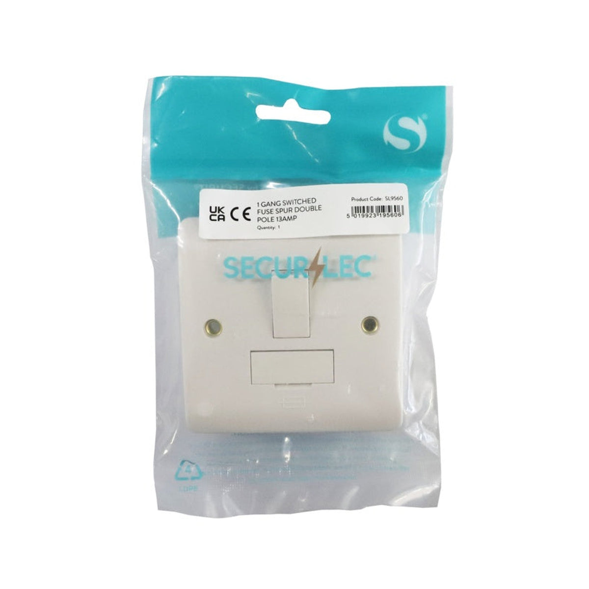 Securlec 1 gang 13A switched fused spur double pole, view 2