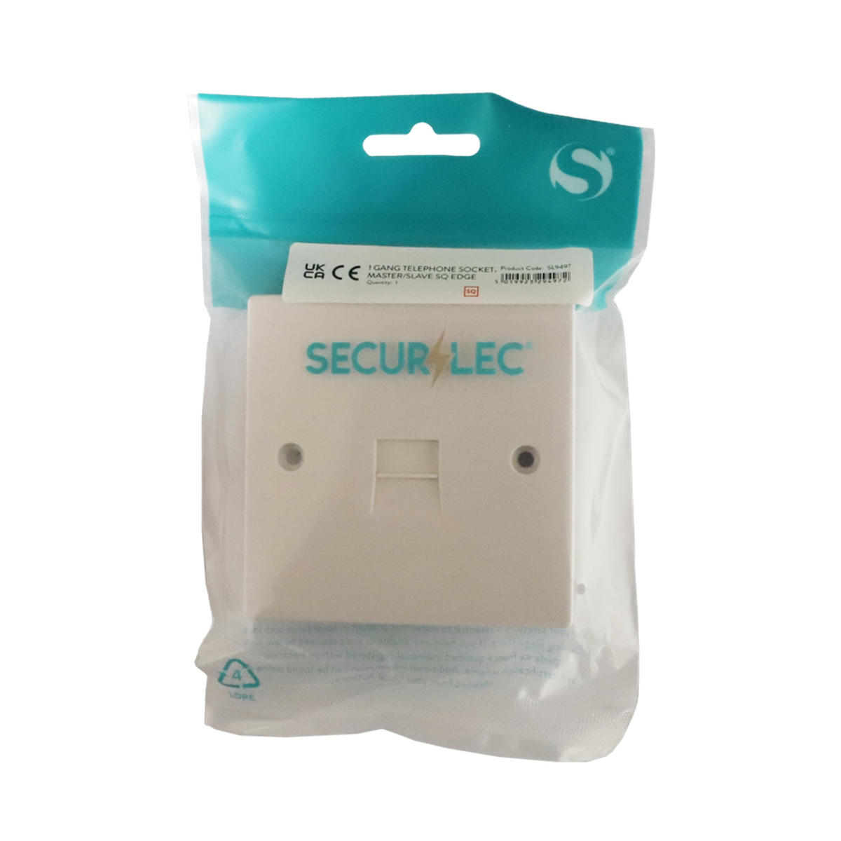 Securlec 1 gang telephone socket, square edge, view 2