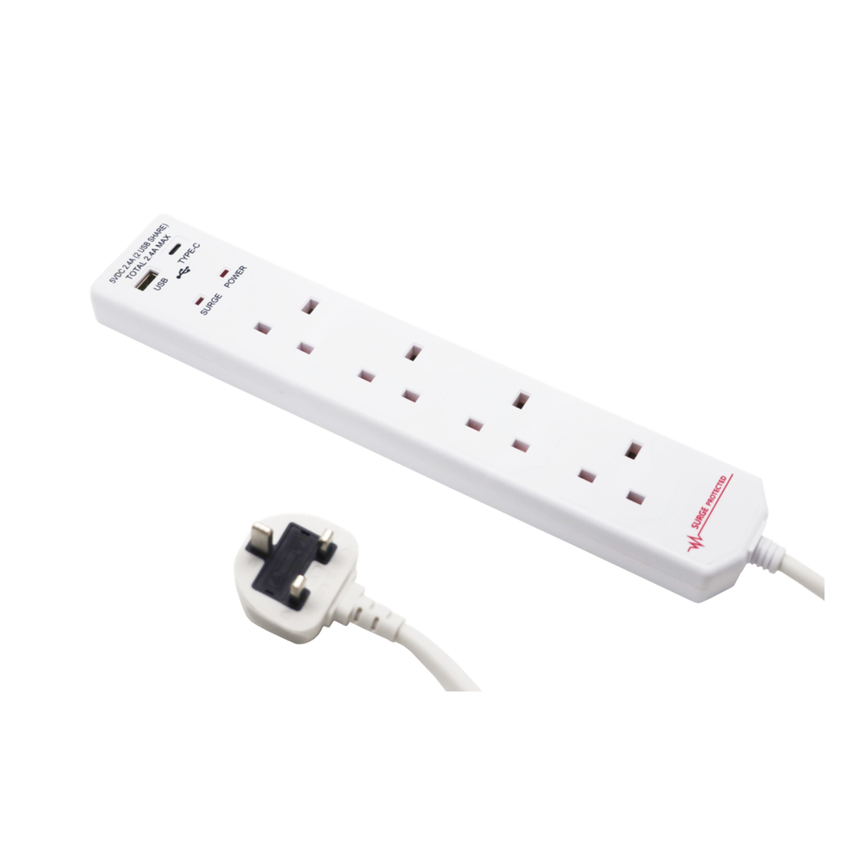 Securlec 4 gang 2m extension lead with USB-A and USB-C, view 2