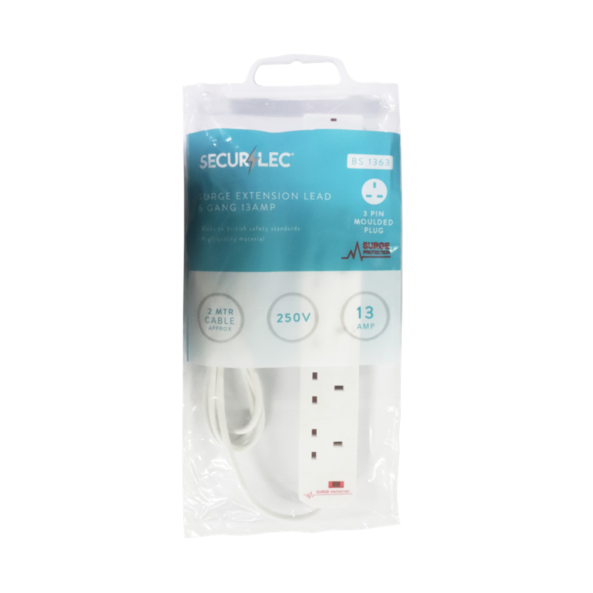 Securlec 6 gang 2m surge protected extension lead