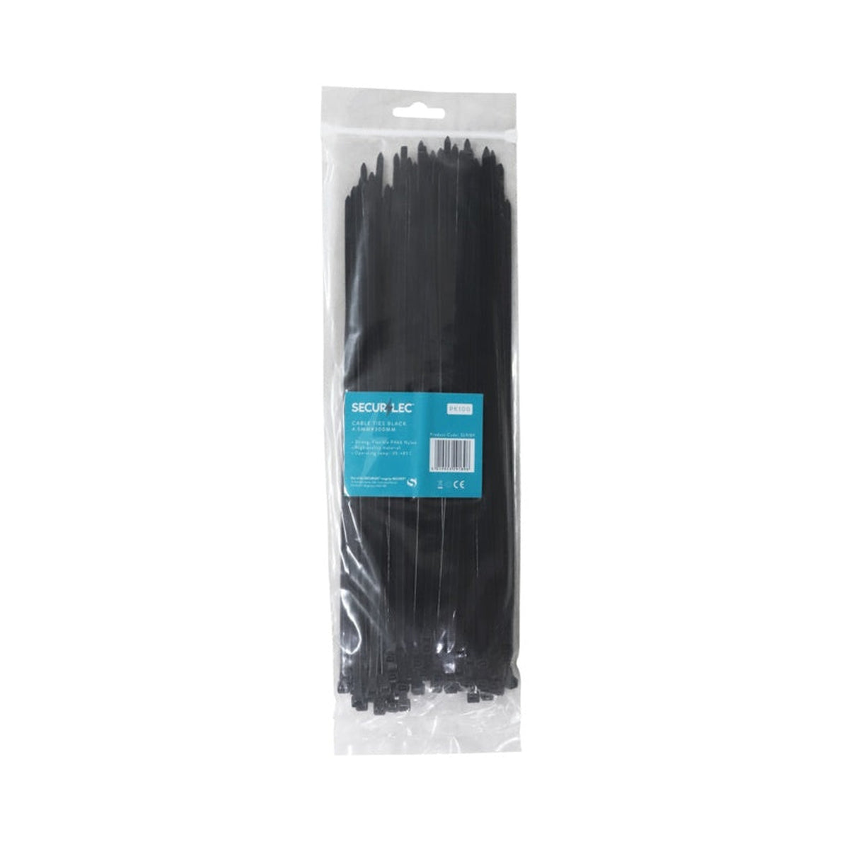 Pack of 100 Securlec black cable ties 4.5 x 300mm