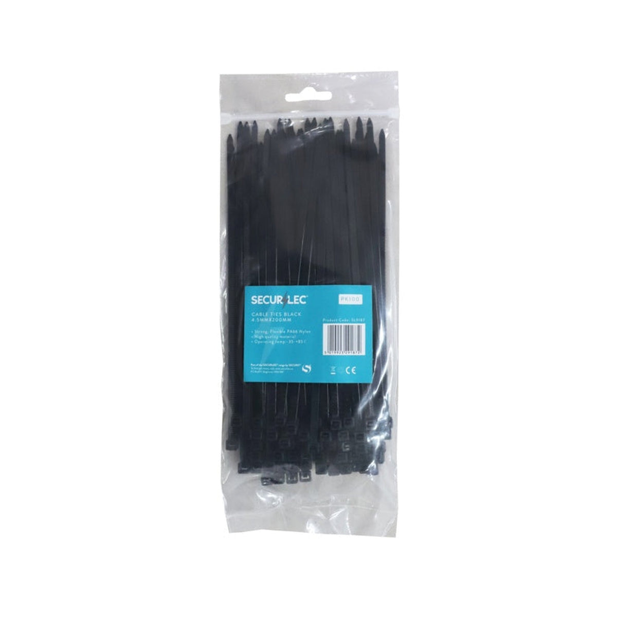 Securlec black cable ties 4.5 x 200mm, pack of 100