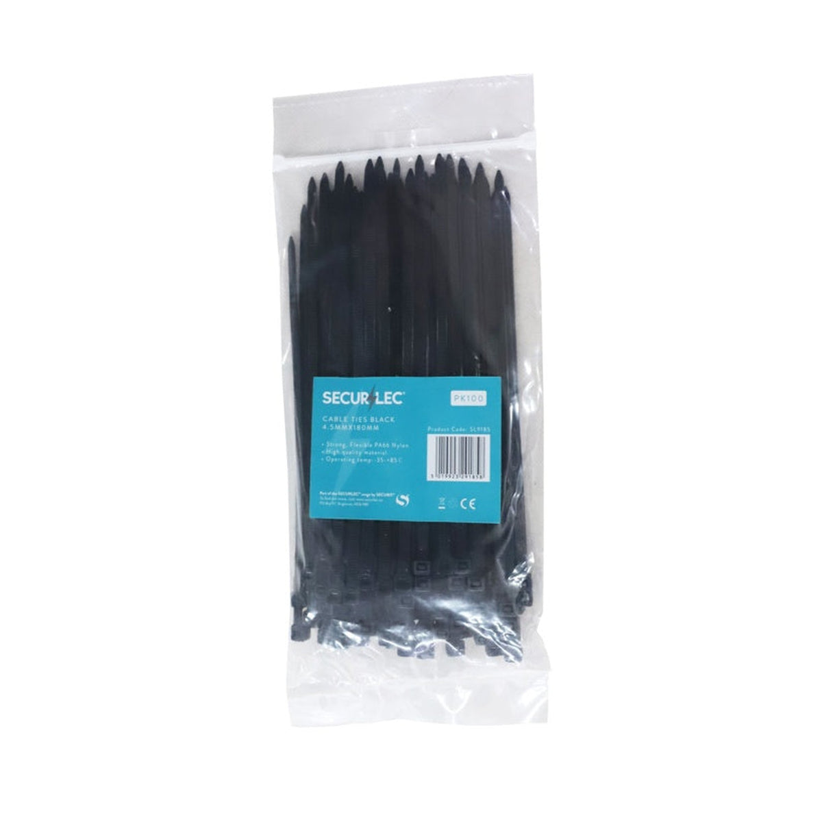 Pack of 100 Securlec black cable ties, 4.5 x 180mm