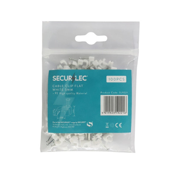 Pack of 100 Securlec 5mm flat white cable clips