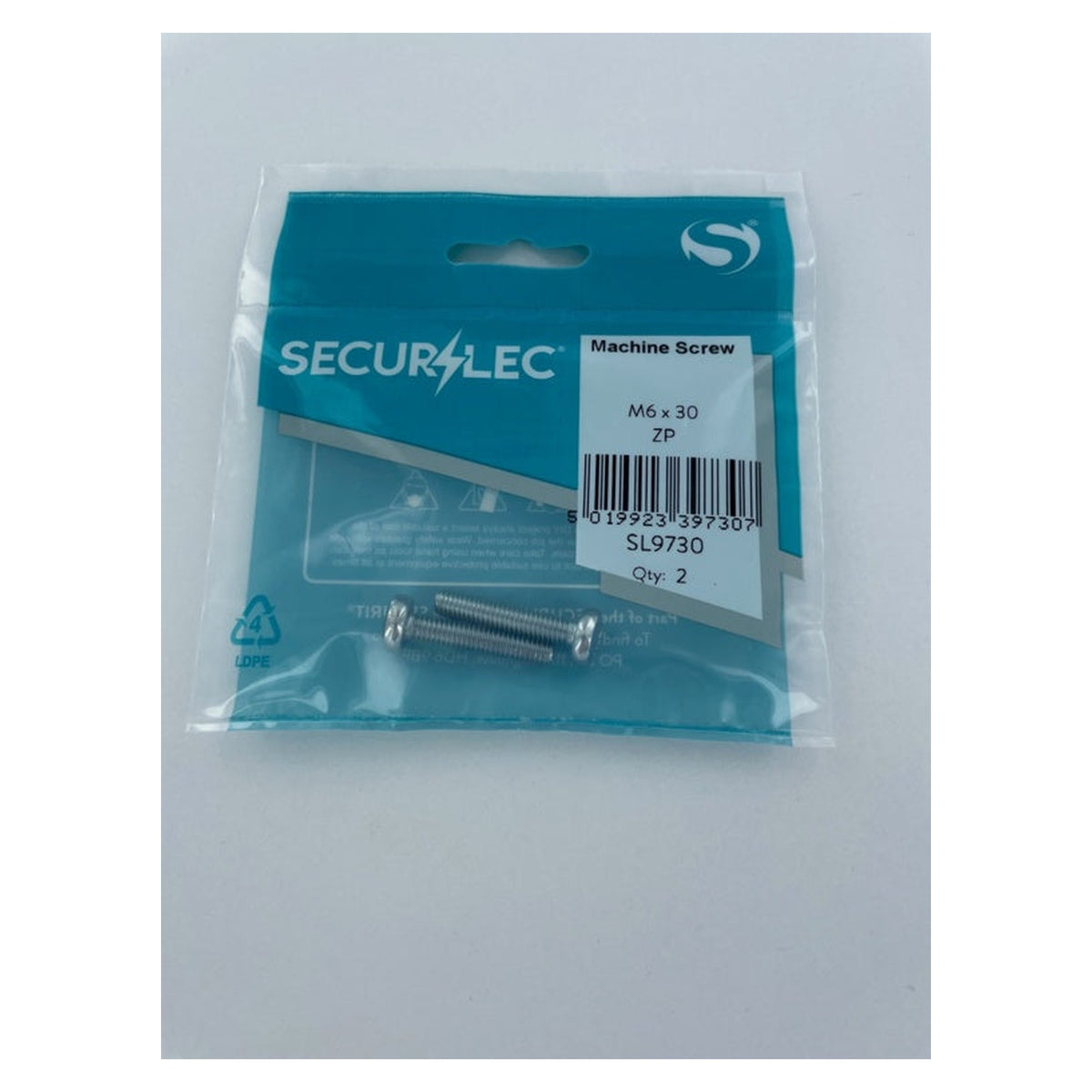 Pack of 2 Securlec zinc plated M6 x 30mm machine screws