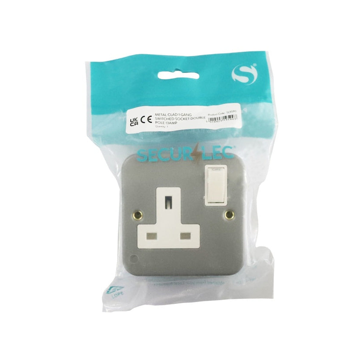 Securlec metal clad 1 gang 13A double pole switched socket, view 2