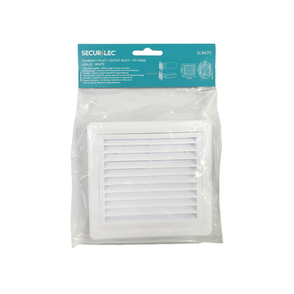 Securlec white louvred ducting grille, 100mm