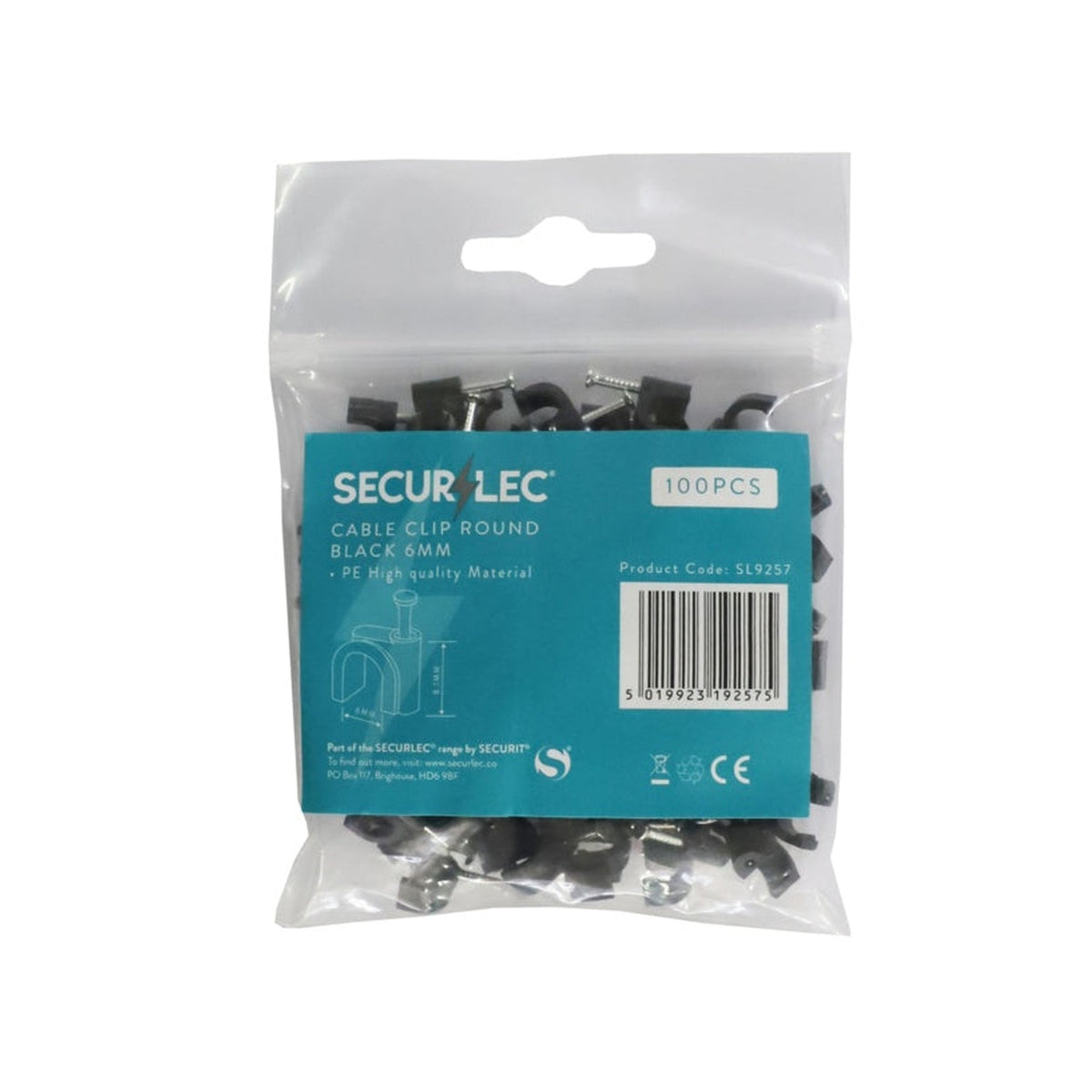 Securlec 6mm round black cable clips pack of 100