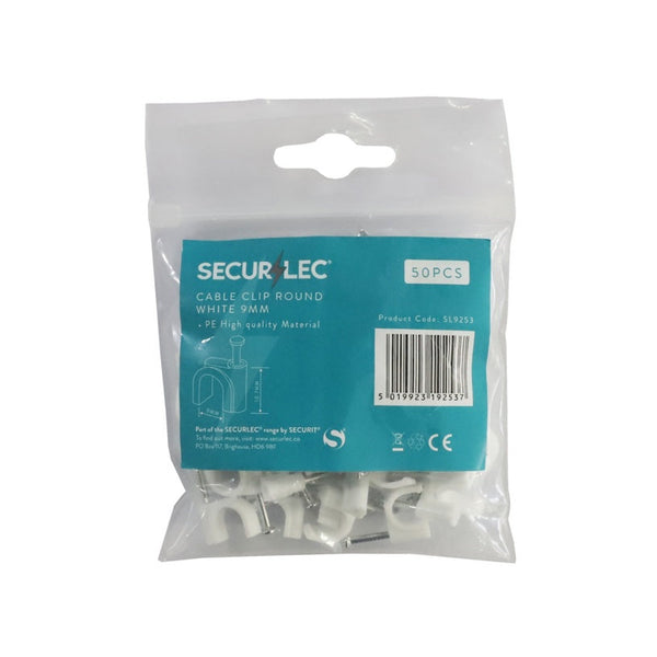 Securlec 9mm white round cable clips, pack of 50