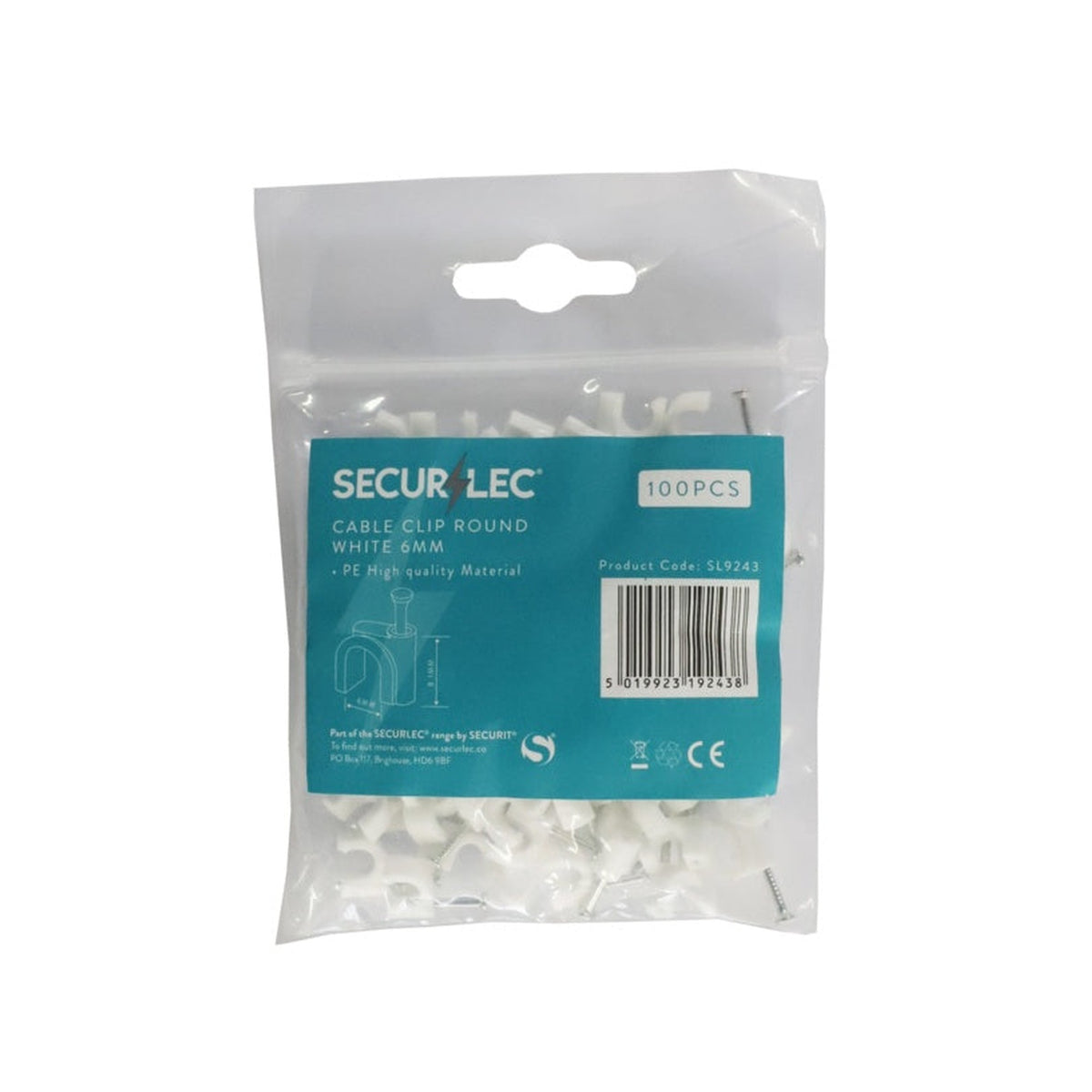 Securlec white round 6mm cable clips pack of 100