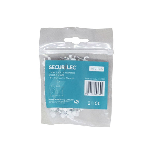 Pack of 100 Securlec white round 4mm cable clips