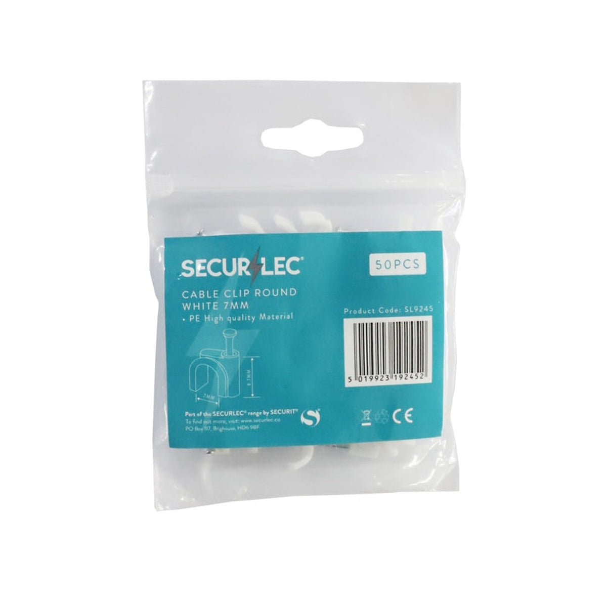 Pack of 50 Securlec white round 7mm cable clips