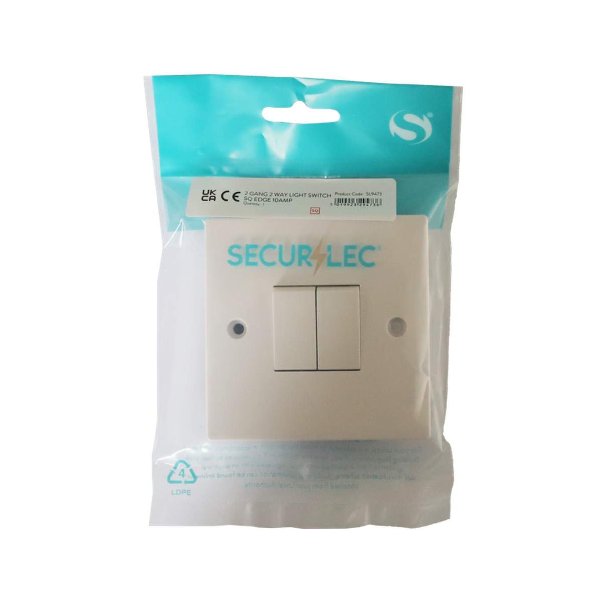 Securlec square edge 2 gang 2 way light switch, view 2
