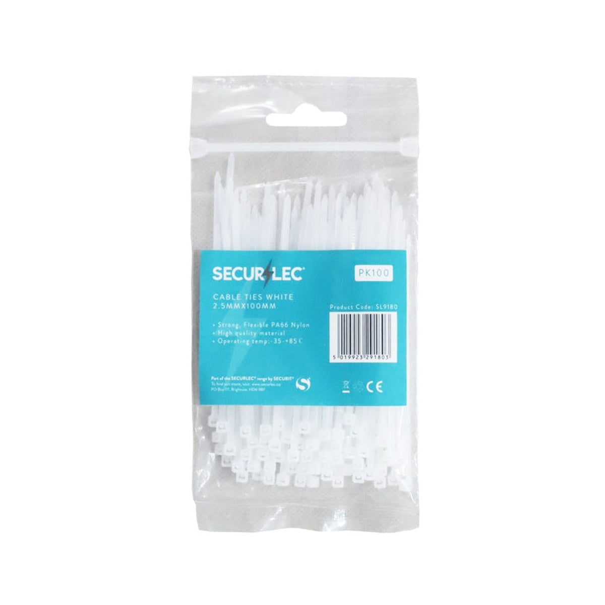 Pack of 100 Securlec white cable ties 2.5 x 100mm