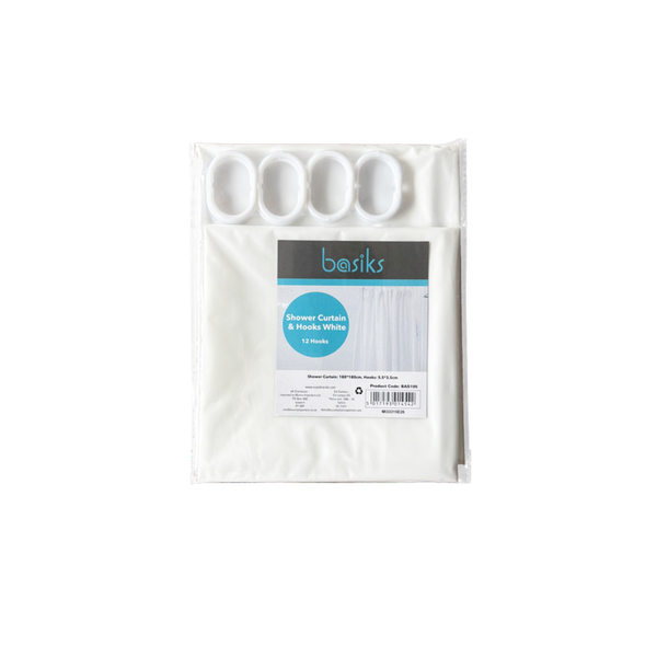 Shower Curtain & Hooks - White
