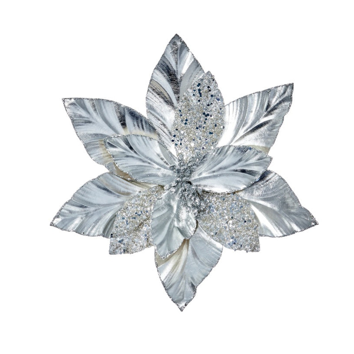 Silver Poinsettia With Glitter Clip On - 30cm