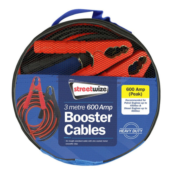 Streetwize 3m 600 amp booster cables in carry bag