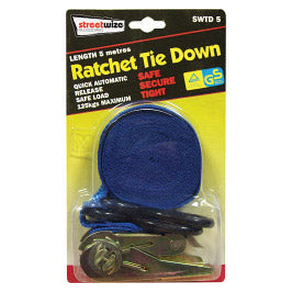 Streetwize 5m ratchet tie down with S hook