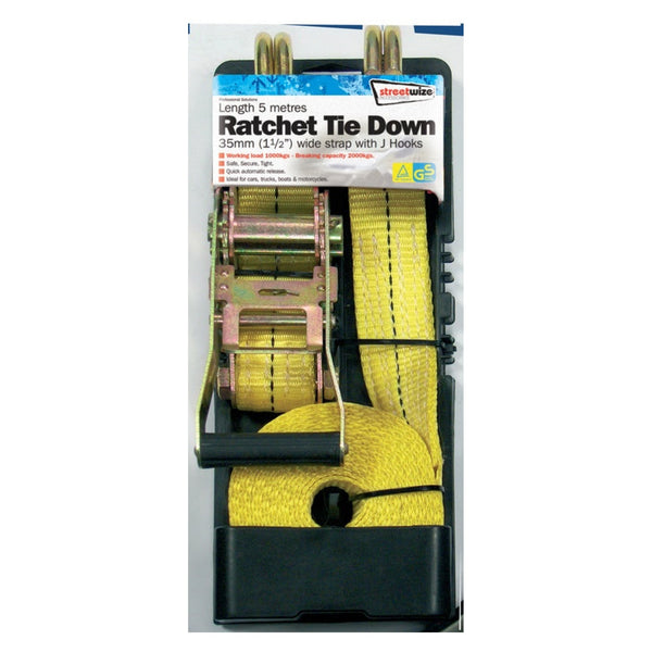 Streetwize heavy duty 5m ratchet tie down with J hook