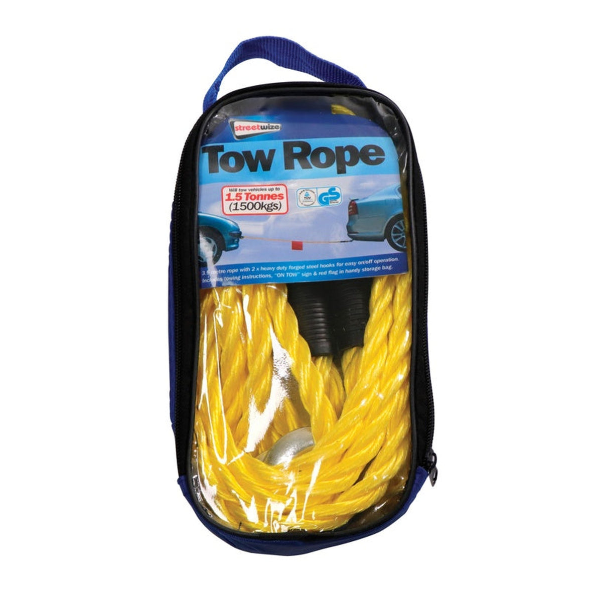 Streetwize yellow 1.5 tonne 3.5m tow rope with hooks, view 2