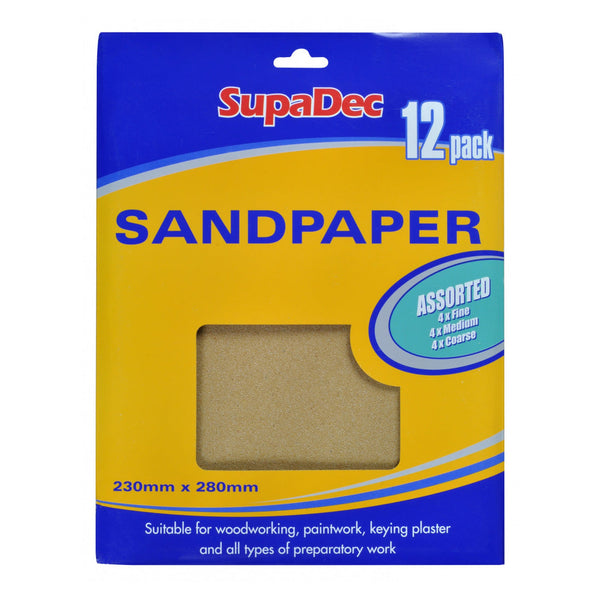 SupaDec general purpose sandpaper, pack of 12, assorted grades