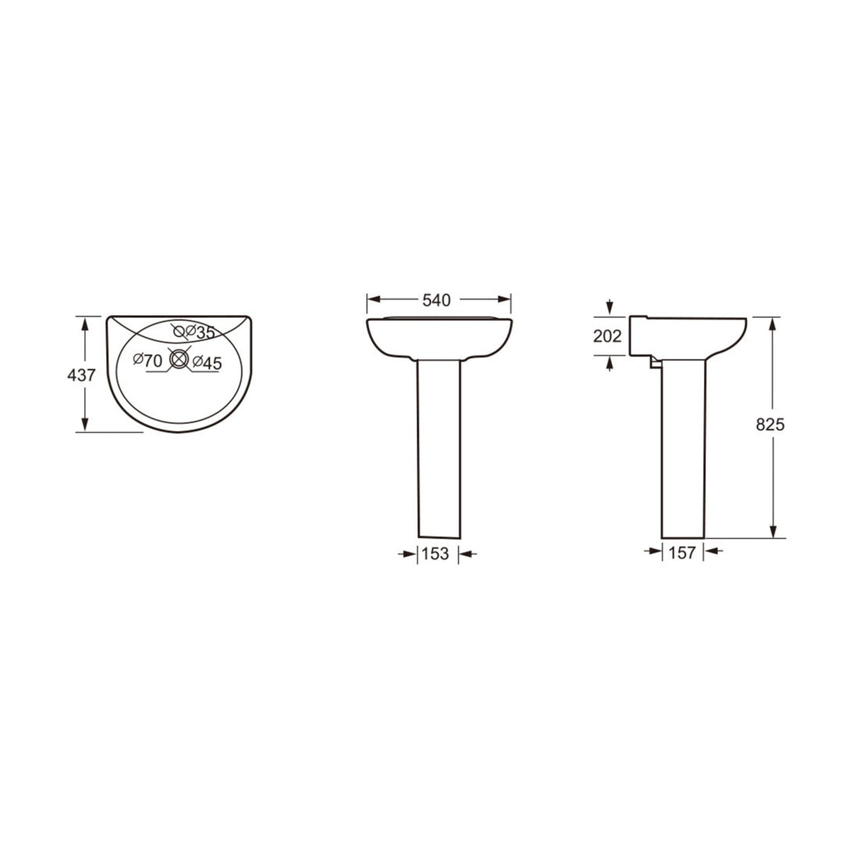 SupaPlumb D-shaped basin and pedestal 530mm 1 tap hole, view 2