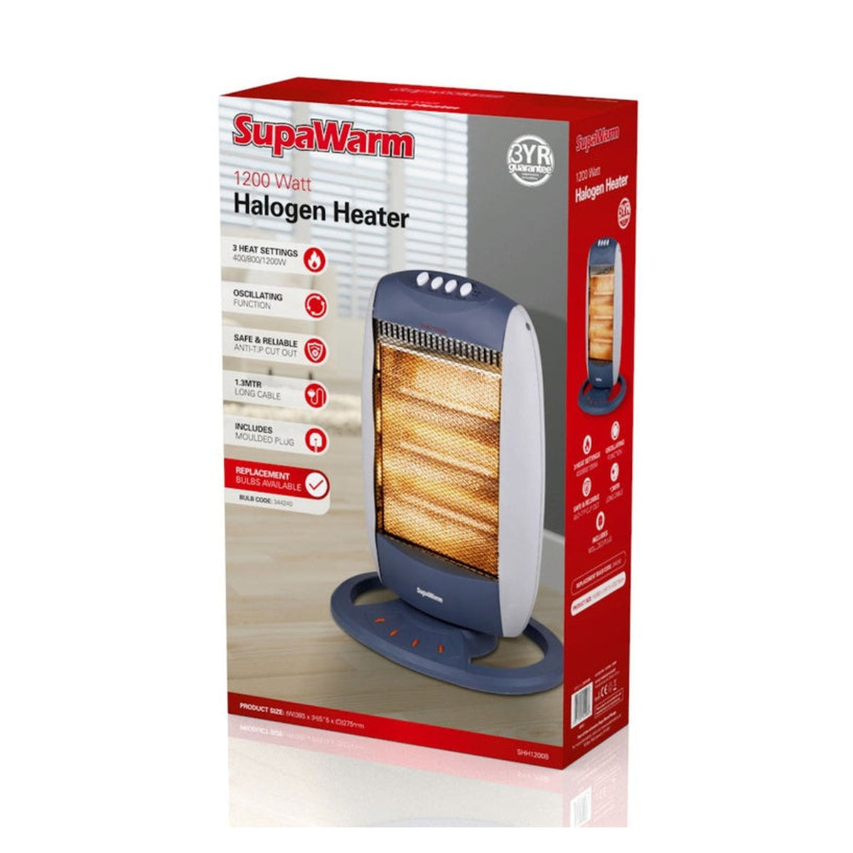 SupaWarm 1200W oscillating halogen heater, view 2