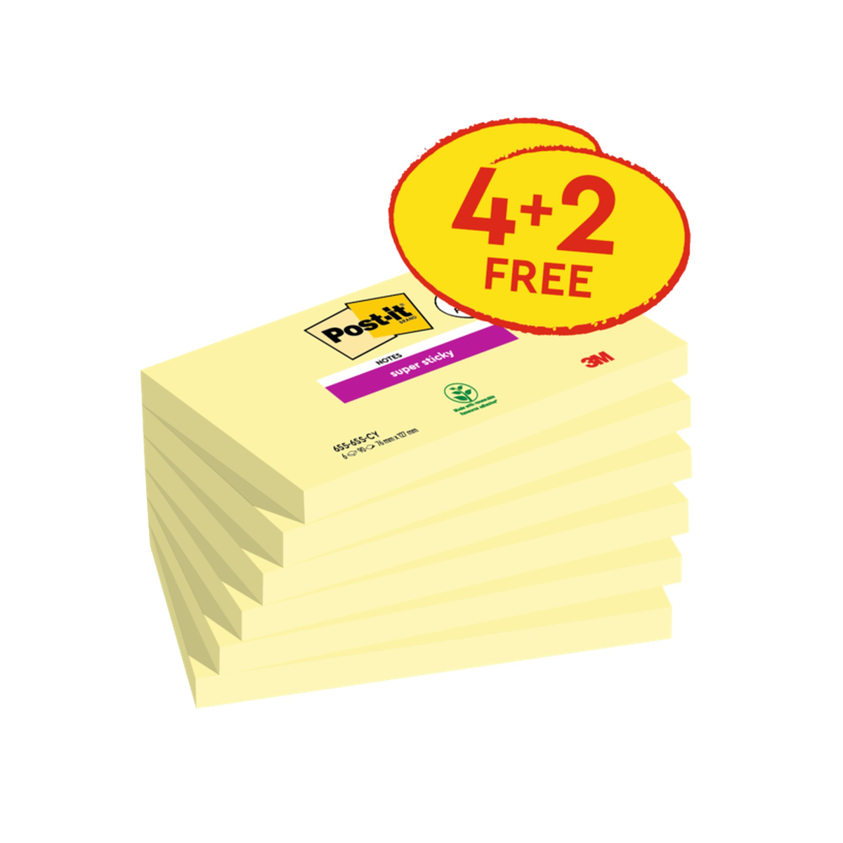 Super Sticky Yellow Notes 76 mm x 127 mm 90 Sheets - 4 Pads Plus 2 Free