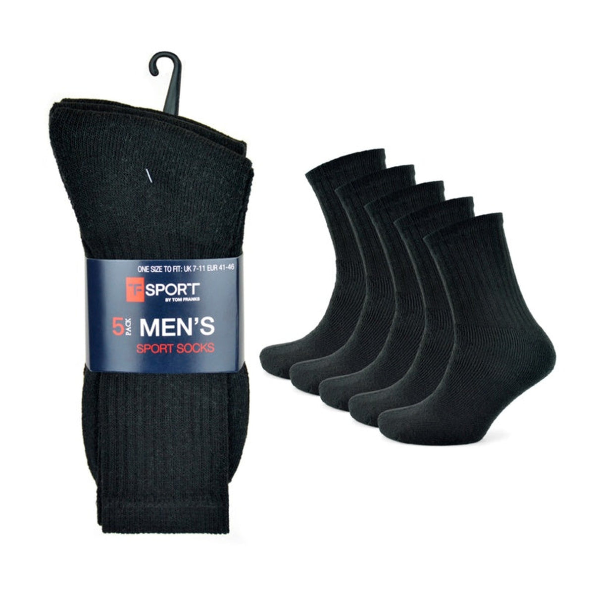 Tom Franks men's black sport socks, pack of 5