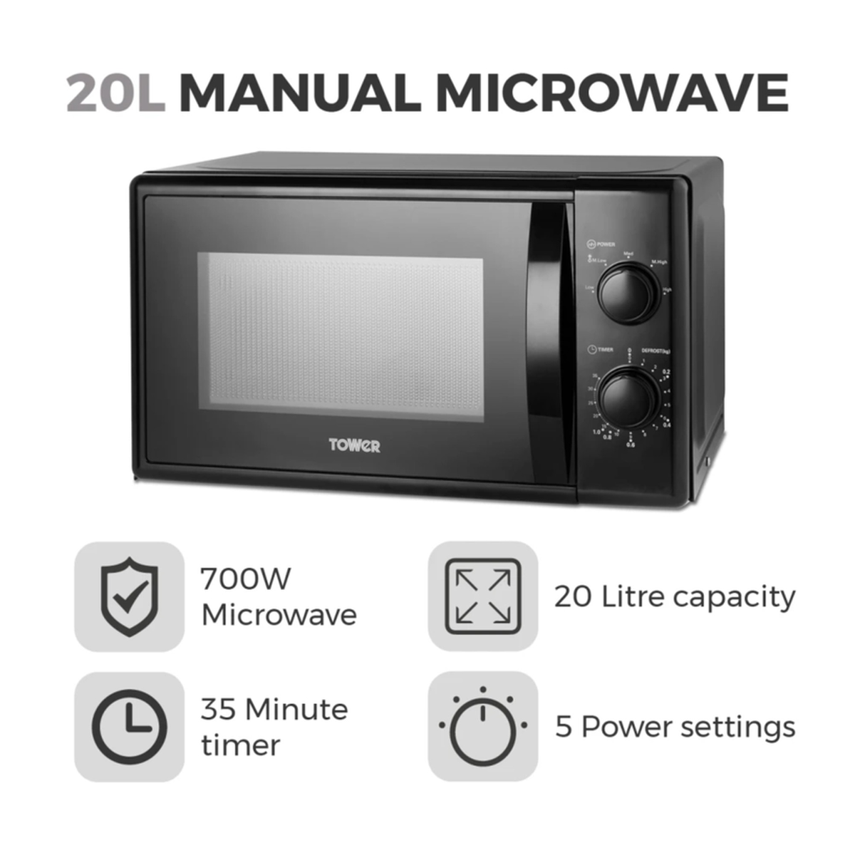 Tower 20L 700W black manual microwave, view 2