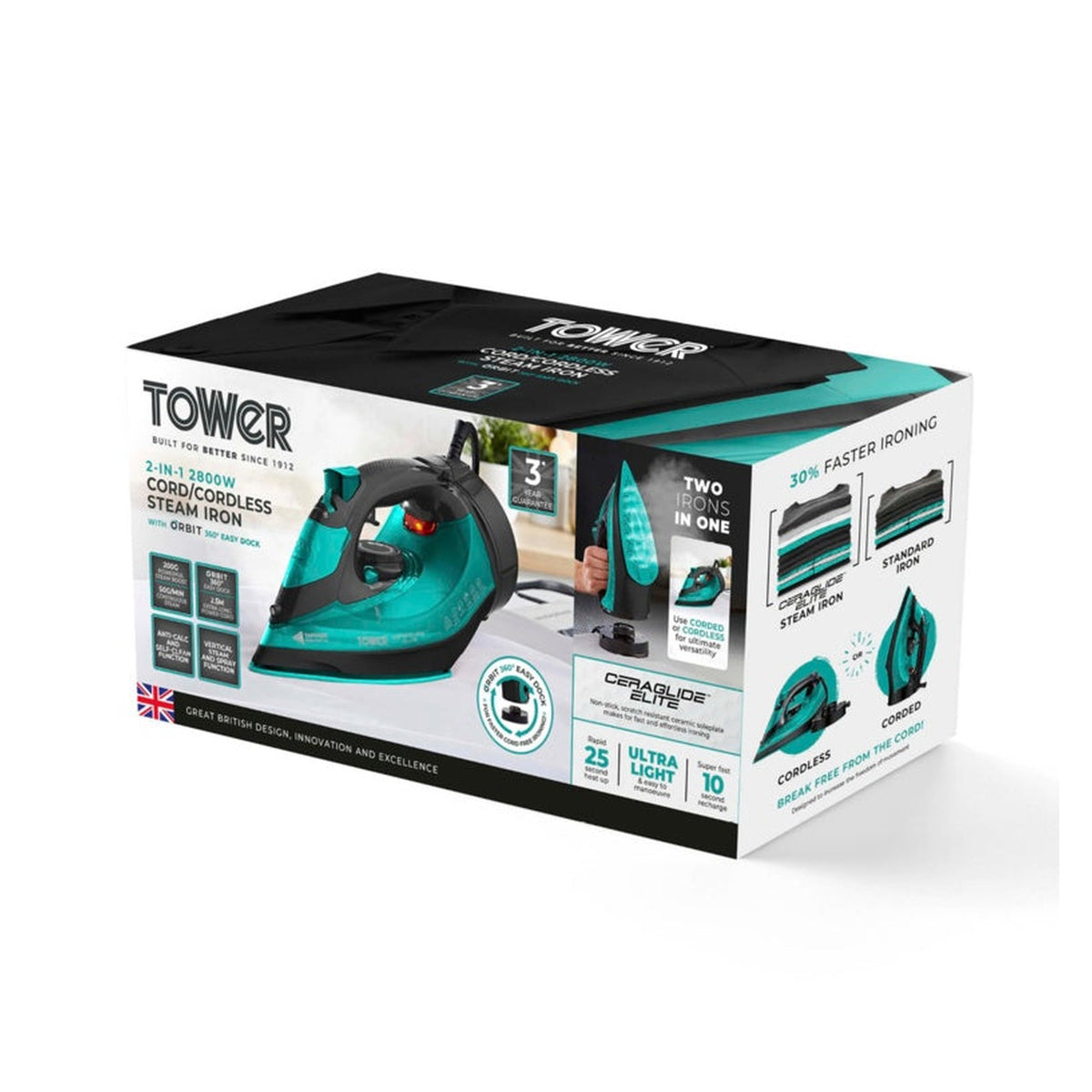 Tower Ceraglide cord and cordless iron in teal, view 10