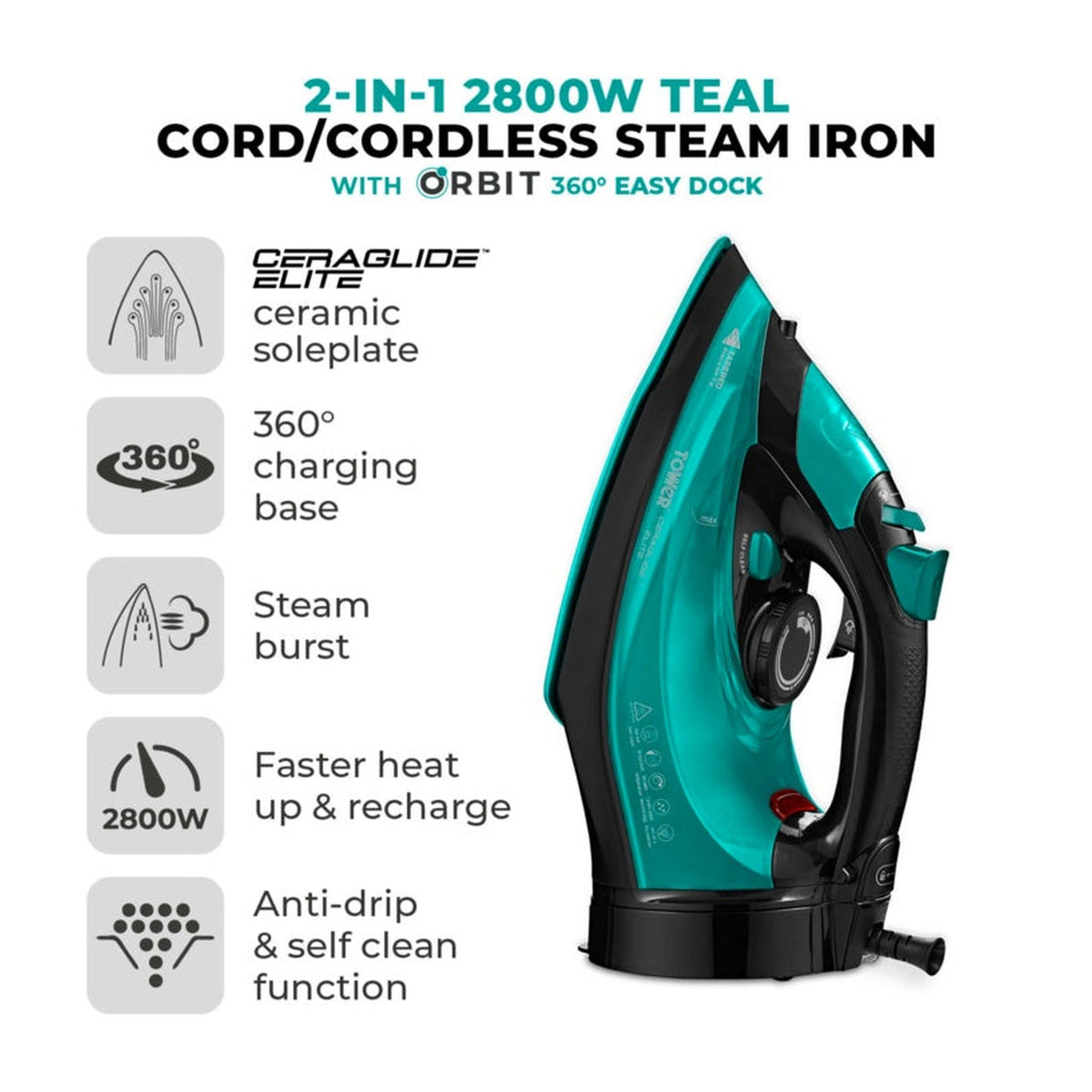 Tower Ceraglide cord and cordless iron in teal, view 2