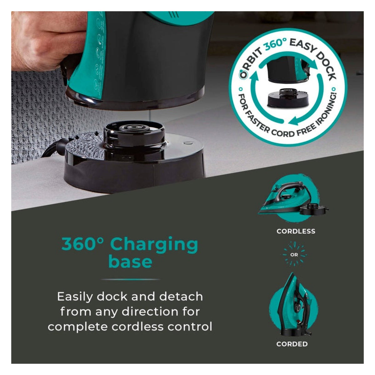 Tower Ceraglide cord and cordless iron in teal, view 3