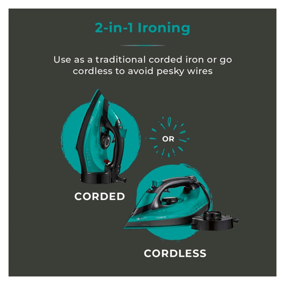 Tower Ceraglide cord and cordless iron in teal, view 4