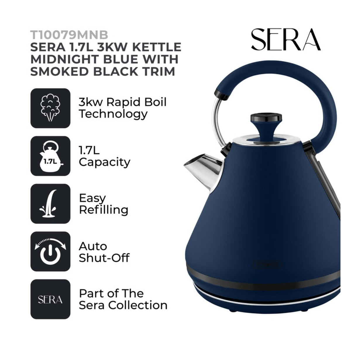 Tower Sera midnight blue 3kW 1.7L kettle, view 2
