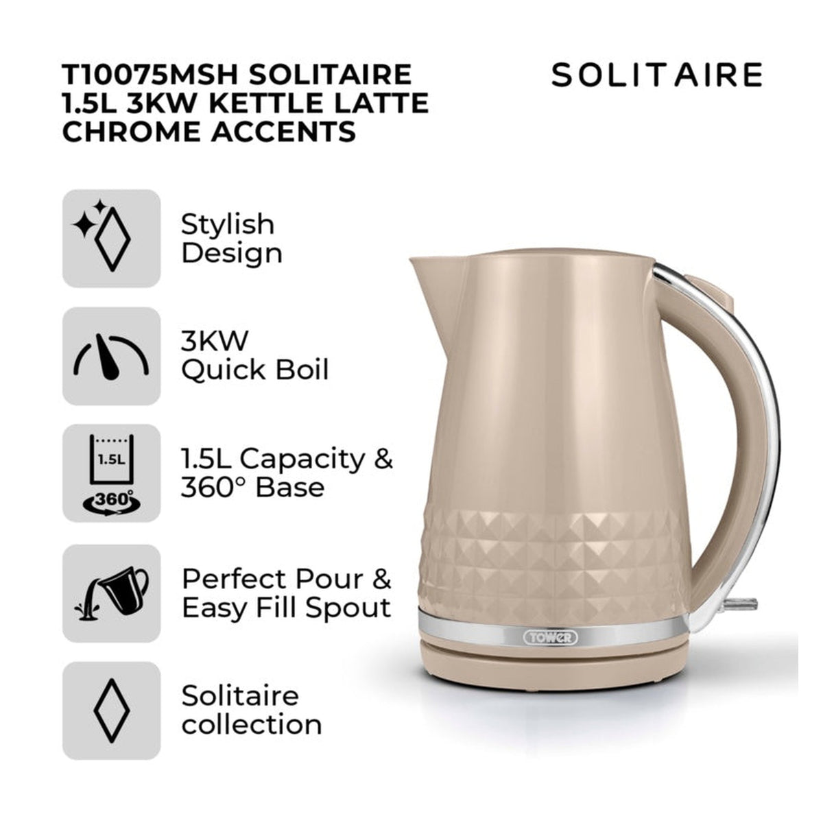 Tower Solitaire latte 3kW 1.5L kettle, view 2