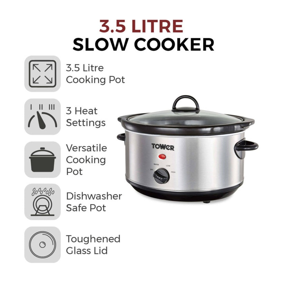Tower 3.5L stainless steel slow cooker, view 2