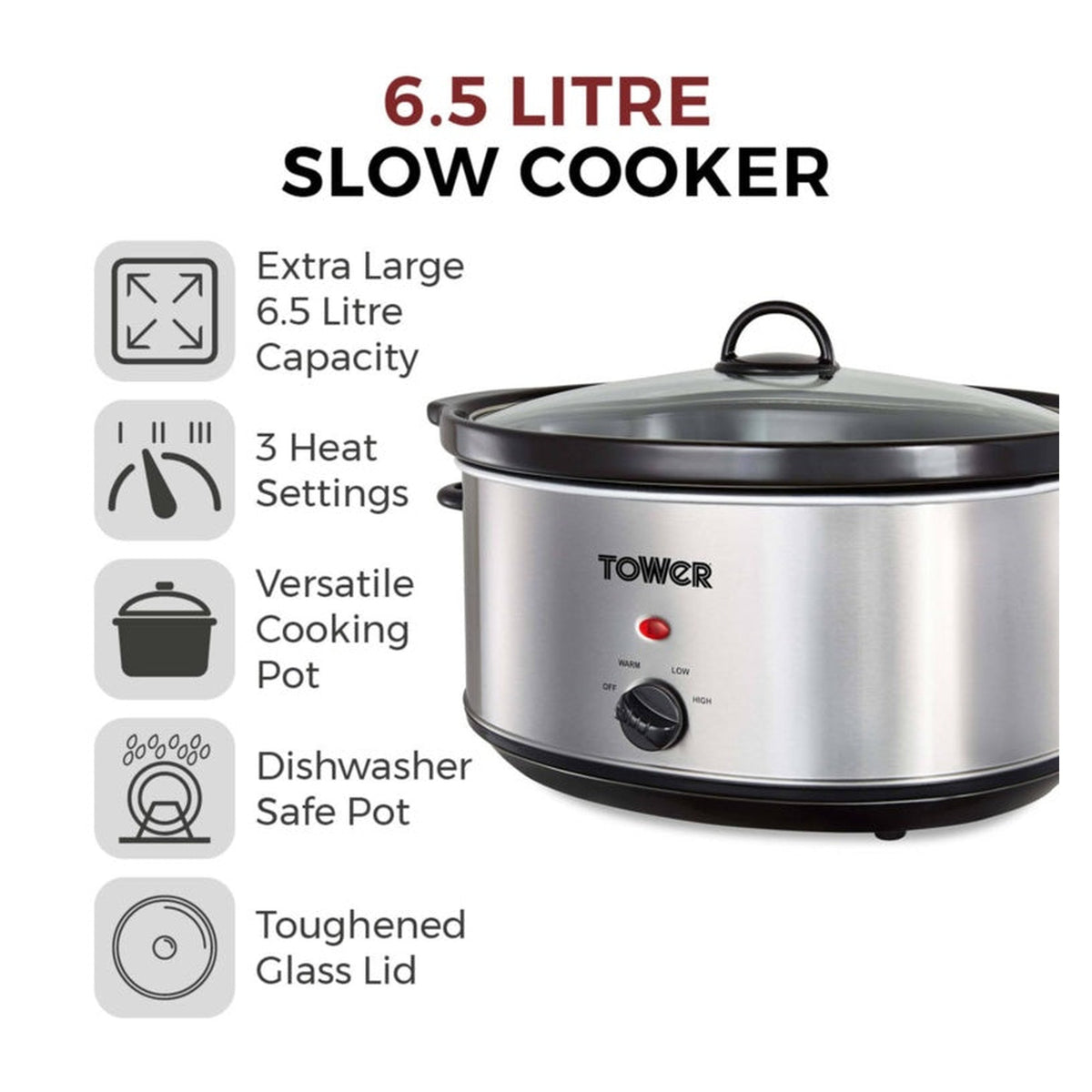 Tower 6.5L stainless steel slow cooker, view 2