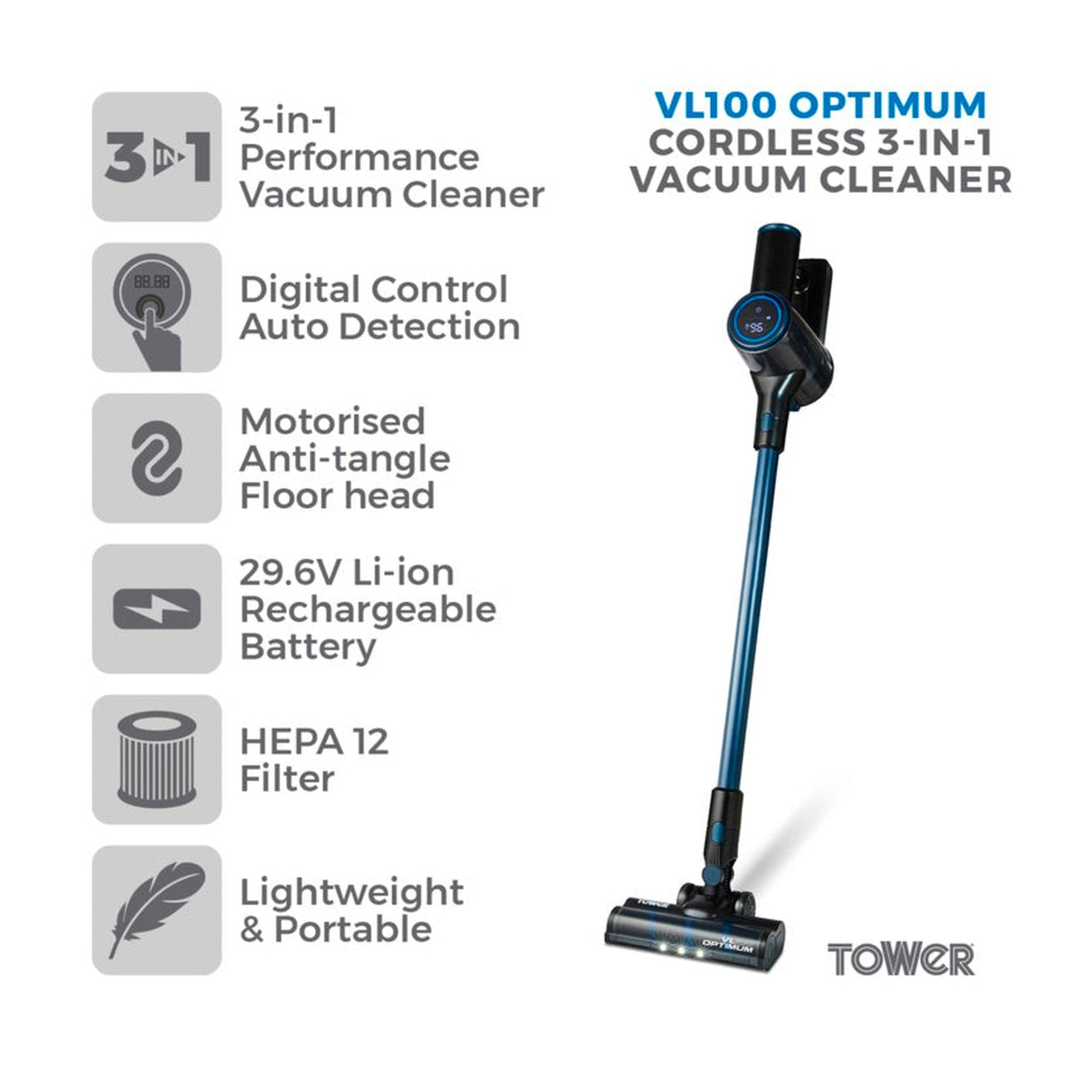 Tower VL100 Optimum 3 in 1 cordless pole vacuum, view 2