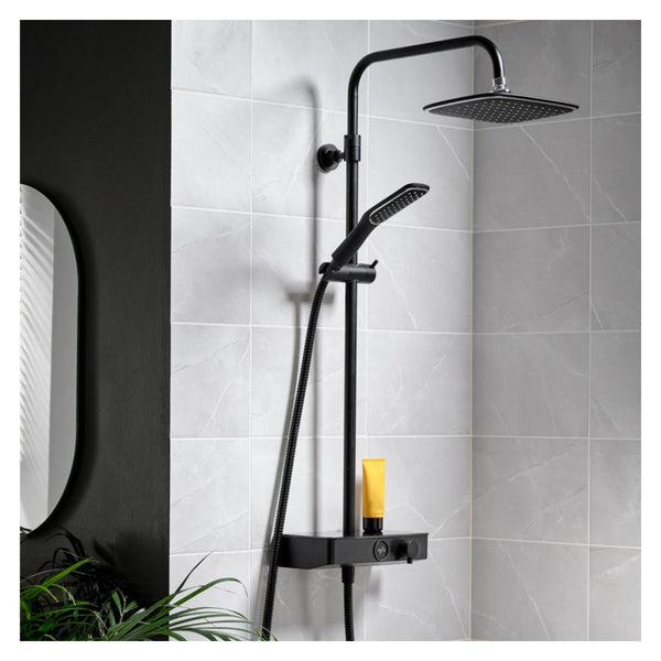 Triton matte black thermostatic mixer shower with push button diverter and glass shelf