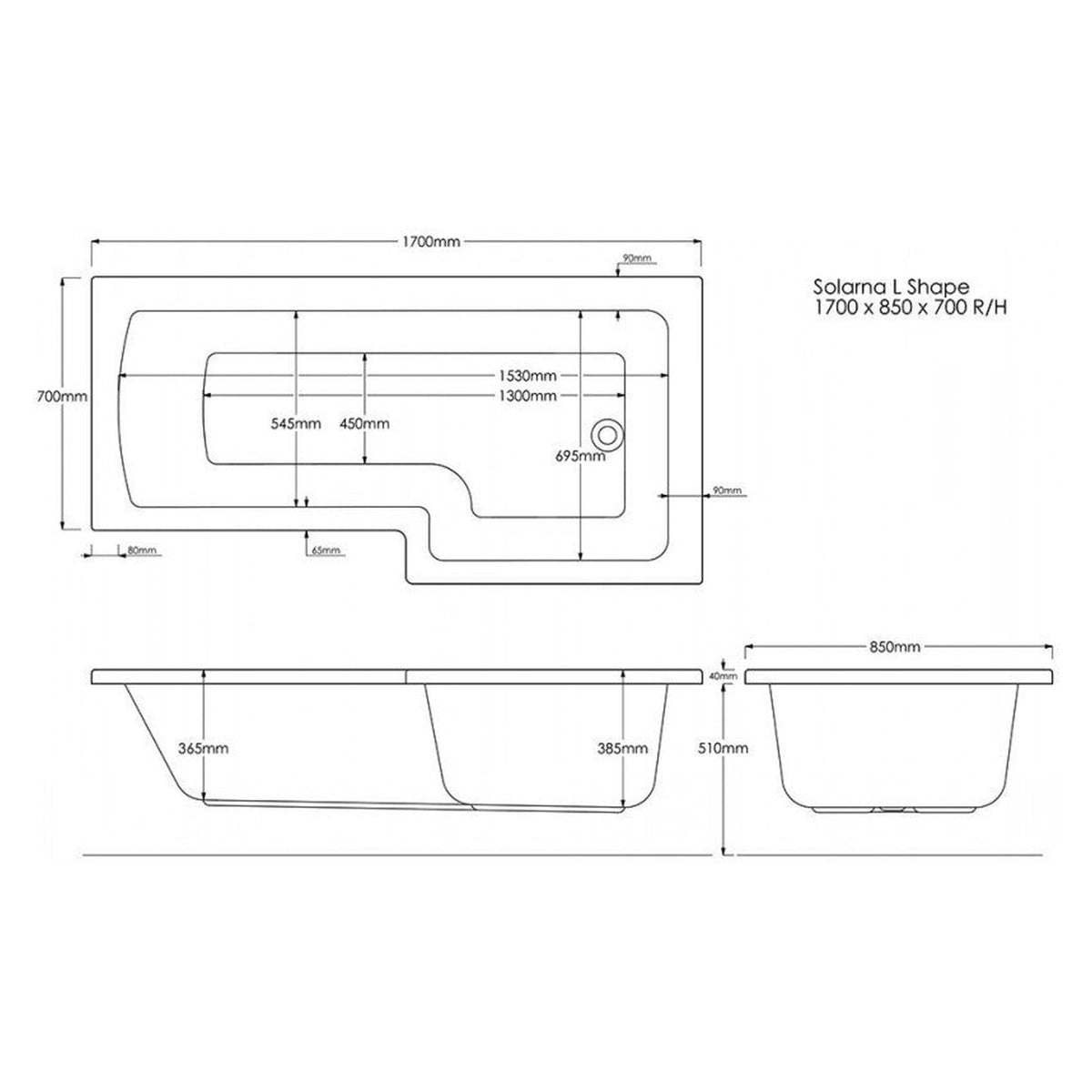 Trojan Solarna L-shaped shower bath, right hand, view 2