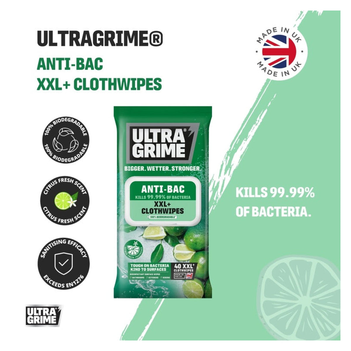 Ultragrime Life Anti-Bac XXL cloth wipes, 40 pack, view 2