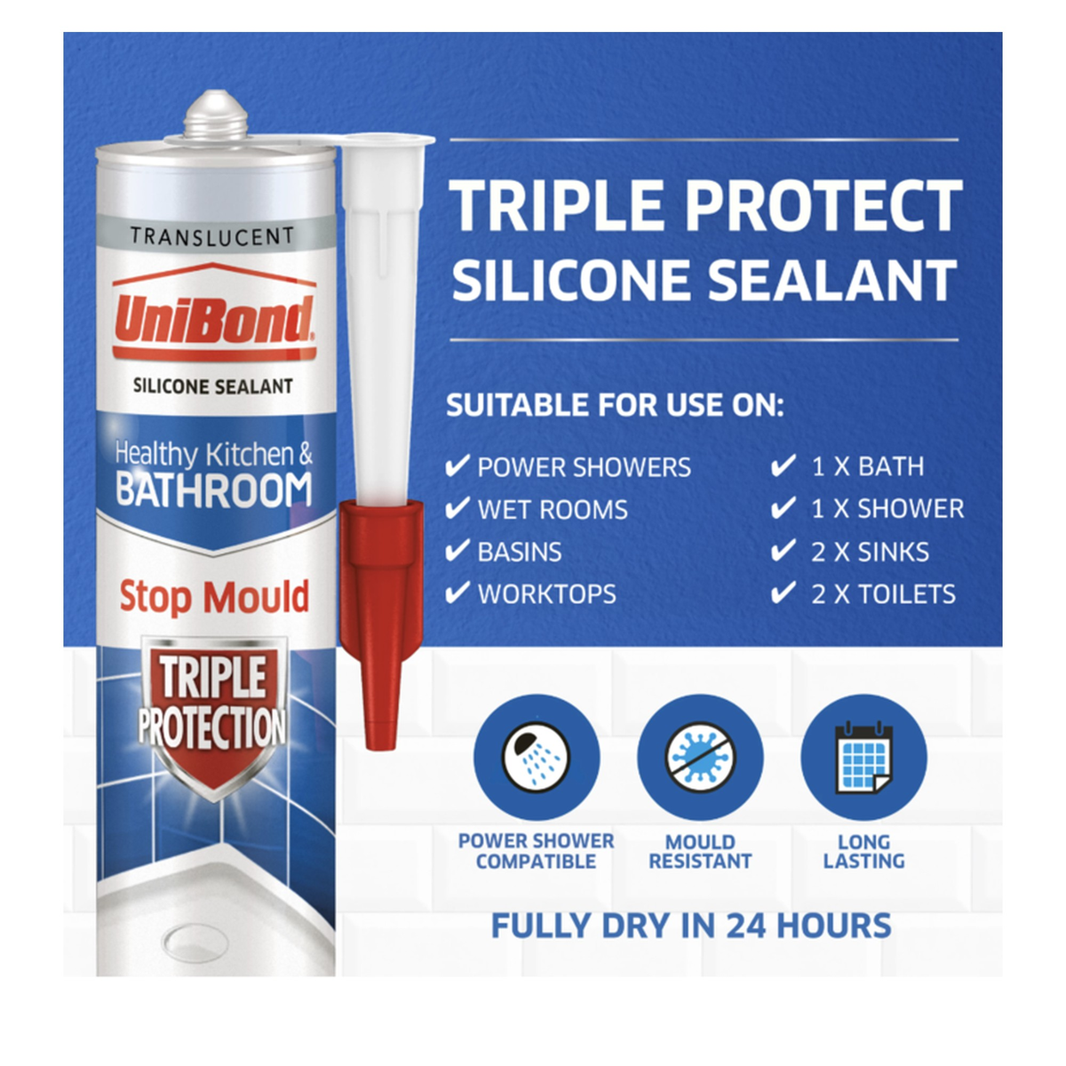 UniBond Anti Mould Triple Protect sealant cartridge in white, view 2