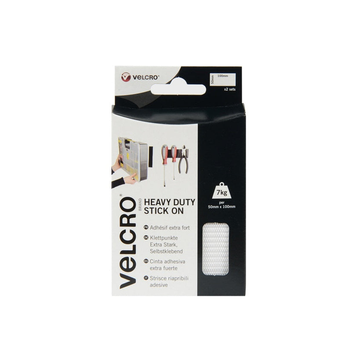 VELCRO heavy duty stick on strips 50mm x 100mm white 2 sets
