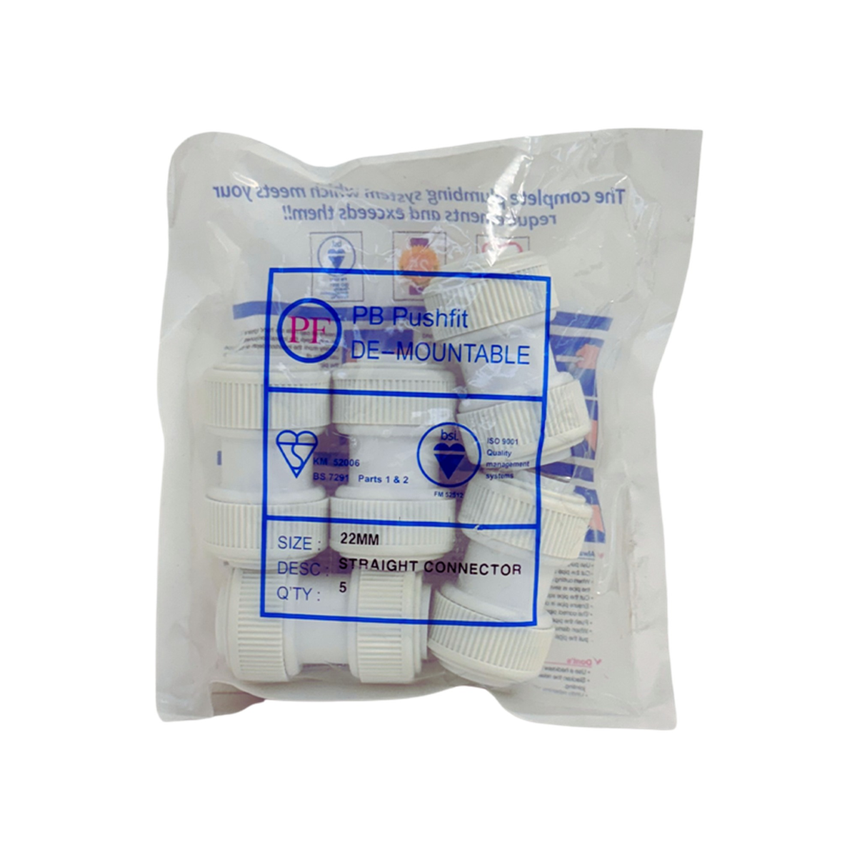 Pack of 5 Whitespeed 22mm push-fit straight connectors