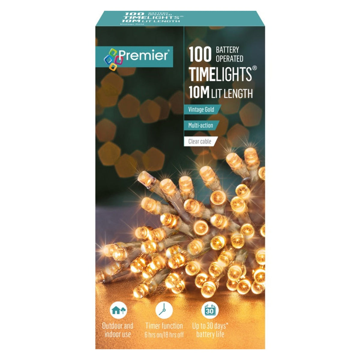 100 LED Multi Action Battery Operated TIMELIGHTS™ - Vintage Gold/Clear Cable