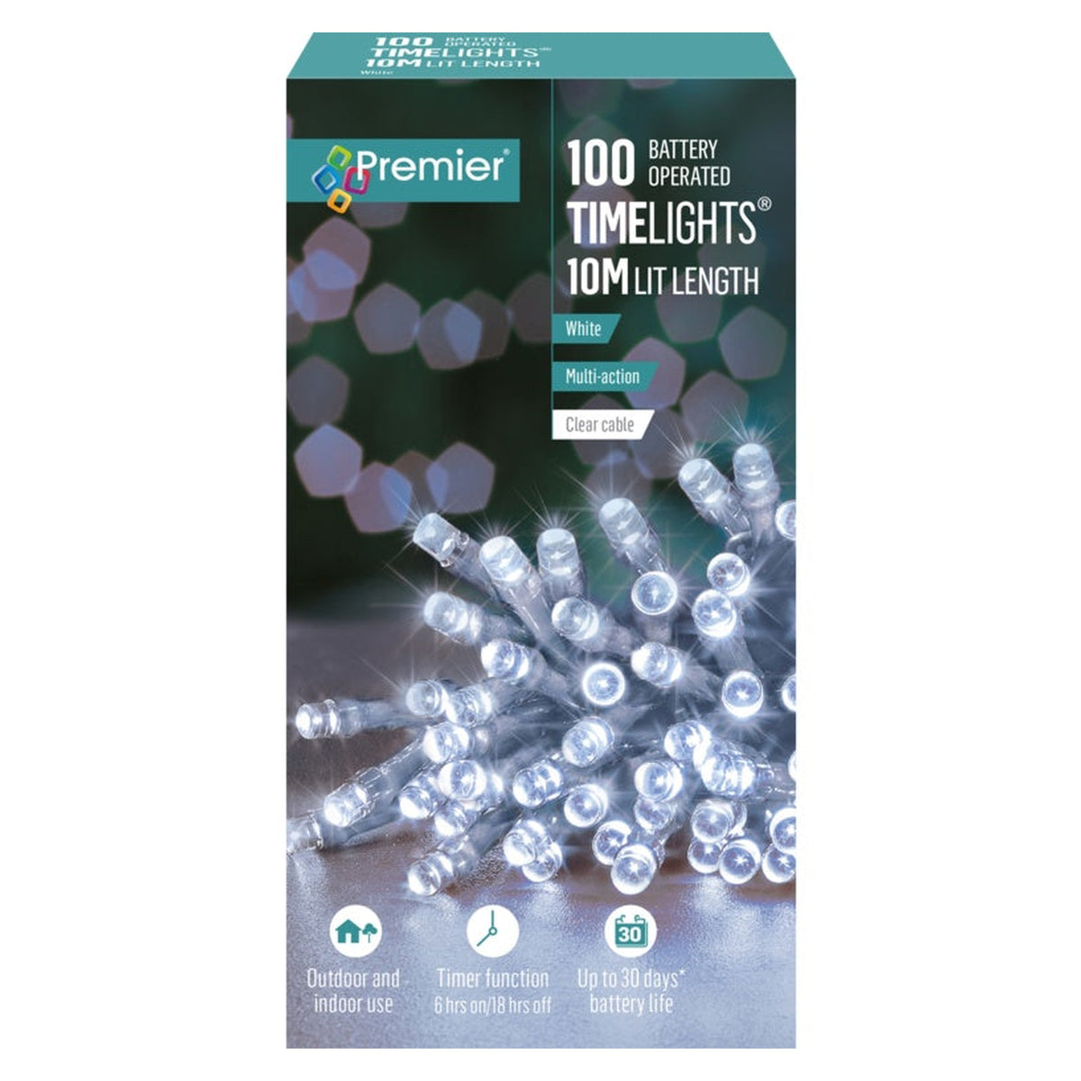 100 LED Multi Action Battery Operated TIMELIGHTS™ - White/Clear Cable