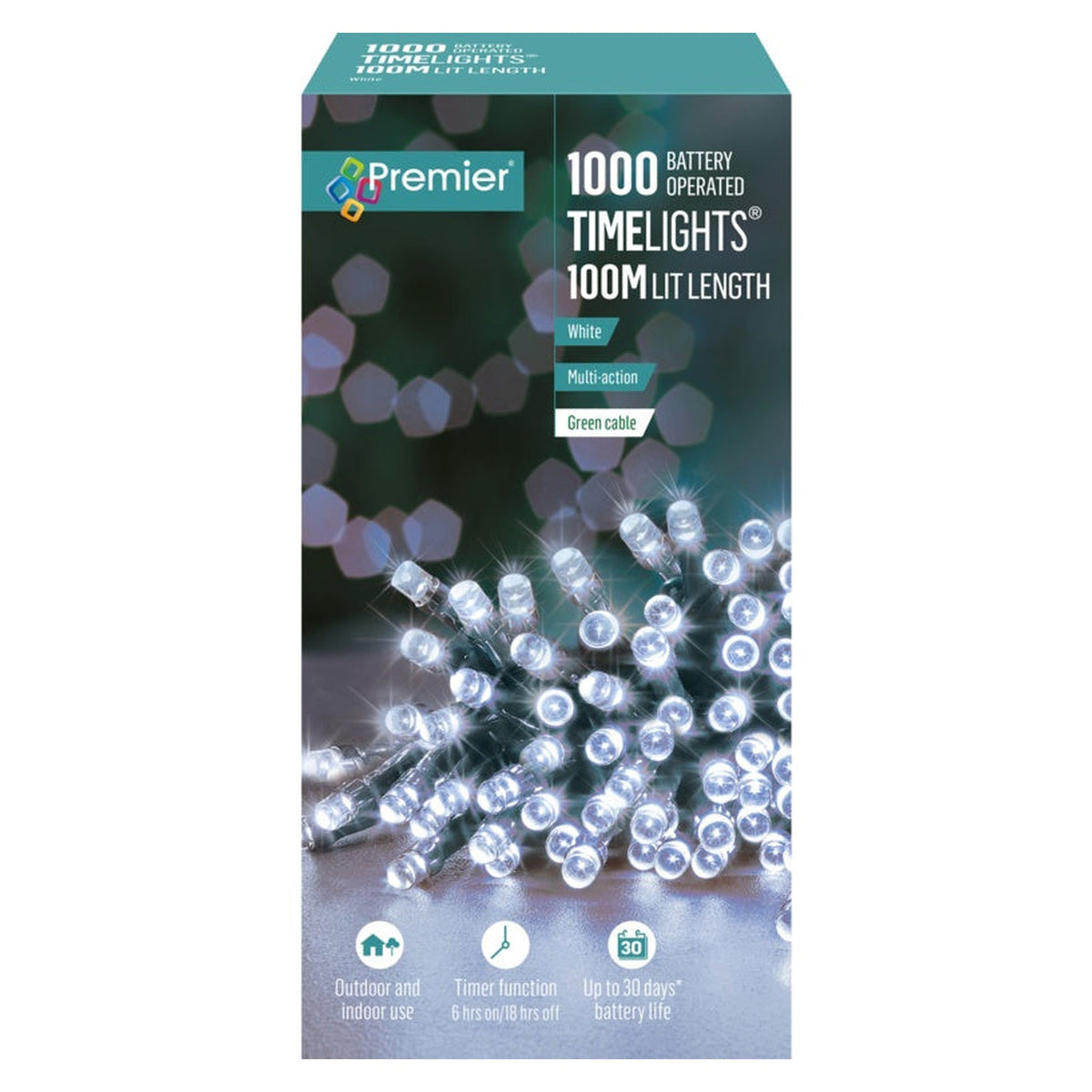 1000 LED Multi Action Battery Operated TIMELIGHTS™ - White /Green